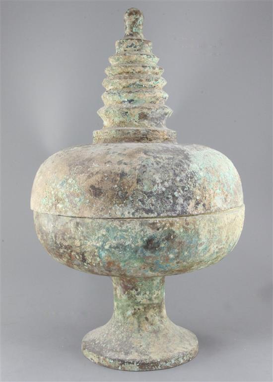 A Chinese bronze reliquary vessel, Tang dynasty, 618-907AD, height 62cm